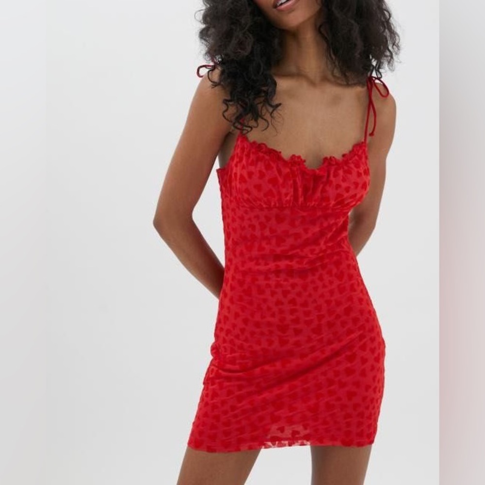 Motel Mini Dress Women’s S Kalosa Sleeveless Red Mesh Heart Print Ruffle Tie